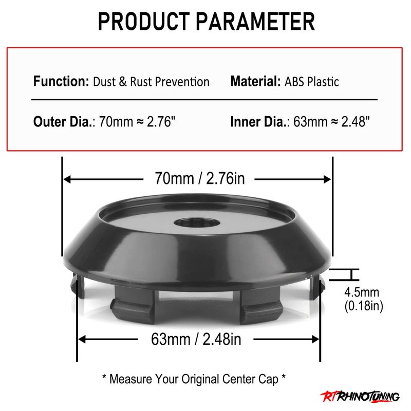 RTrhinotuning 70mm 2.76" Wheel Center Caps Compatible with XXR 527 SSR GTX01 GTV01 Akita Wheel C123201B Rim Caps Pack of 4 (Black, Outer 70MM, Inner 63MM) Wheel Center Hub Caps - Image 2